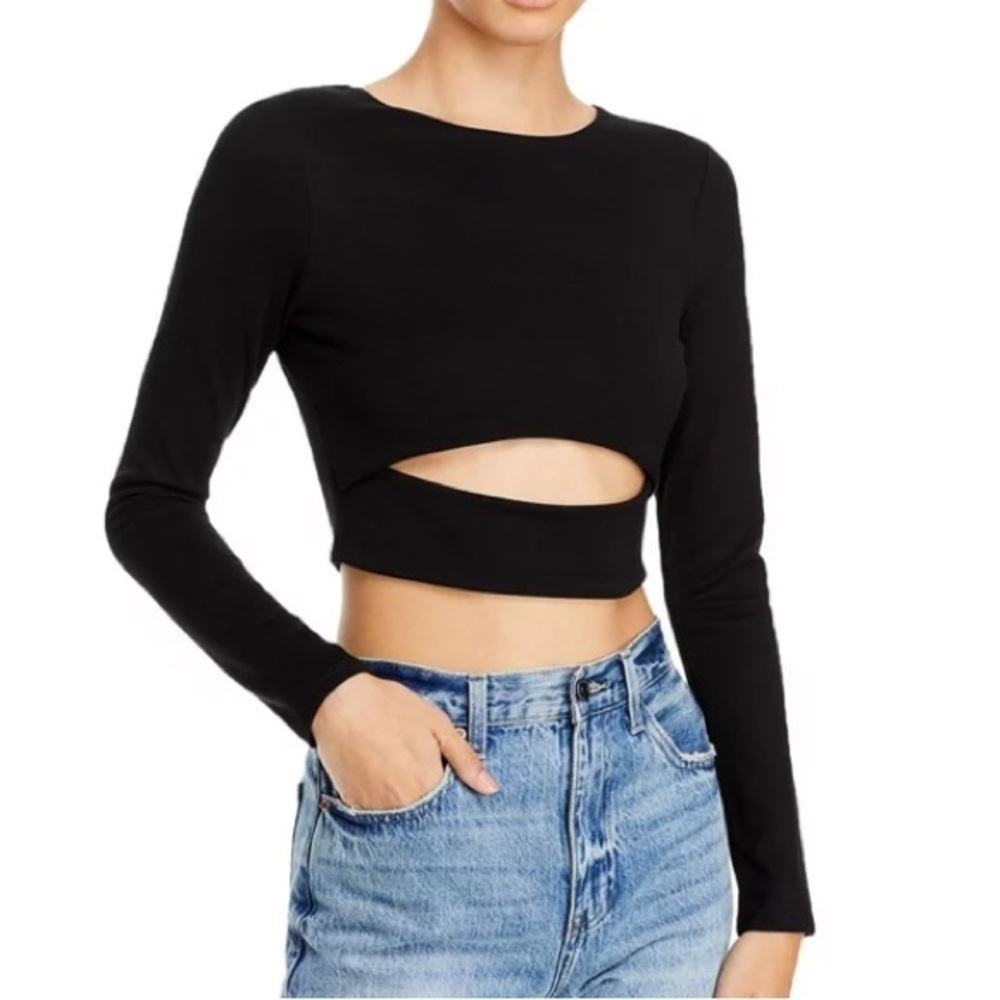 Bloomingdale's Black Rayon Cut-Out Long Sleeve Crop Top ​​​